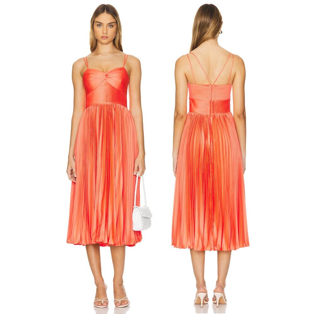 AMUR Krisley Pleated Midi Dress Formal Party Chic Cocktail Wedding Orange Sz 10